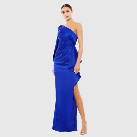 Mac Duggal One Shoulder Bishop Sleeve Gown Maxi Dress 55398‎ Sapphire Blue 2 - Picture 8 of 8